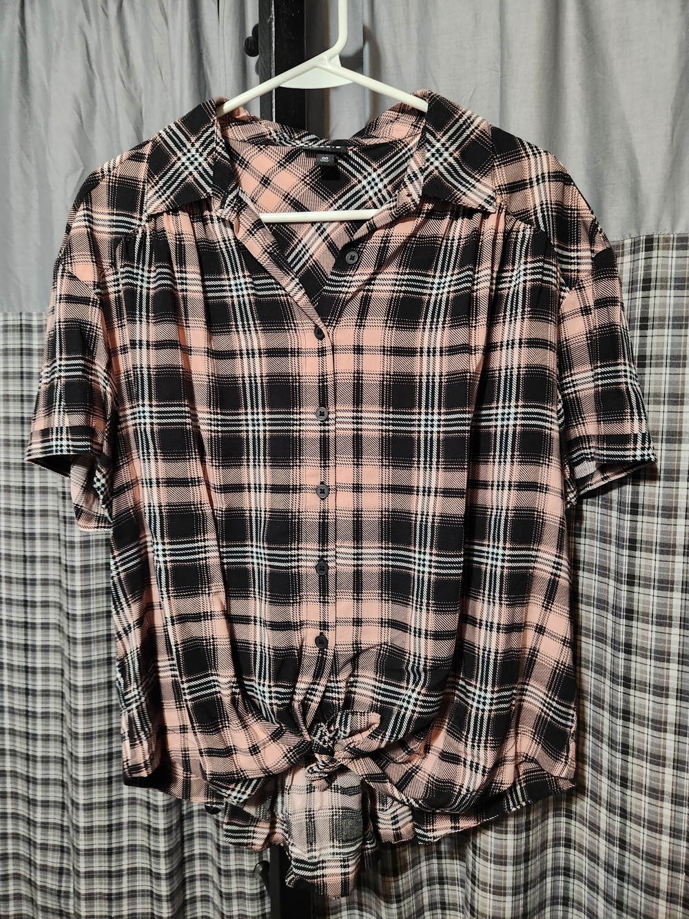 torrid Pink and Black Plaid Short-Sleeve Tie-Front Button Shirt
